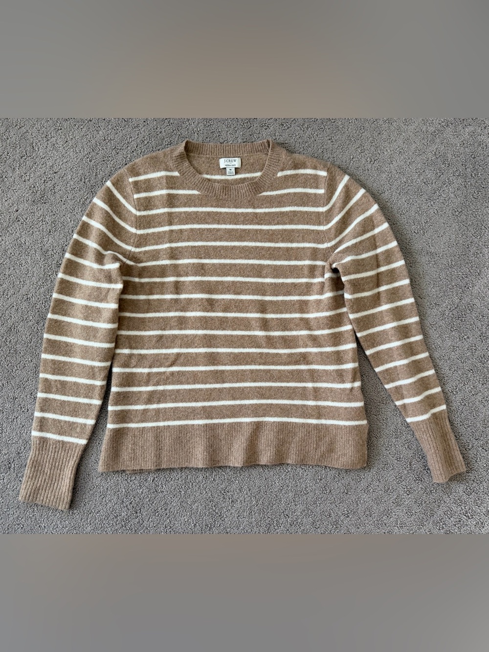 J. Crew Factory Tan Striped Crewneck Sweater, Extra Soft Line, M
